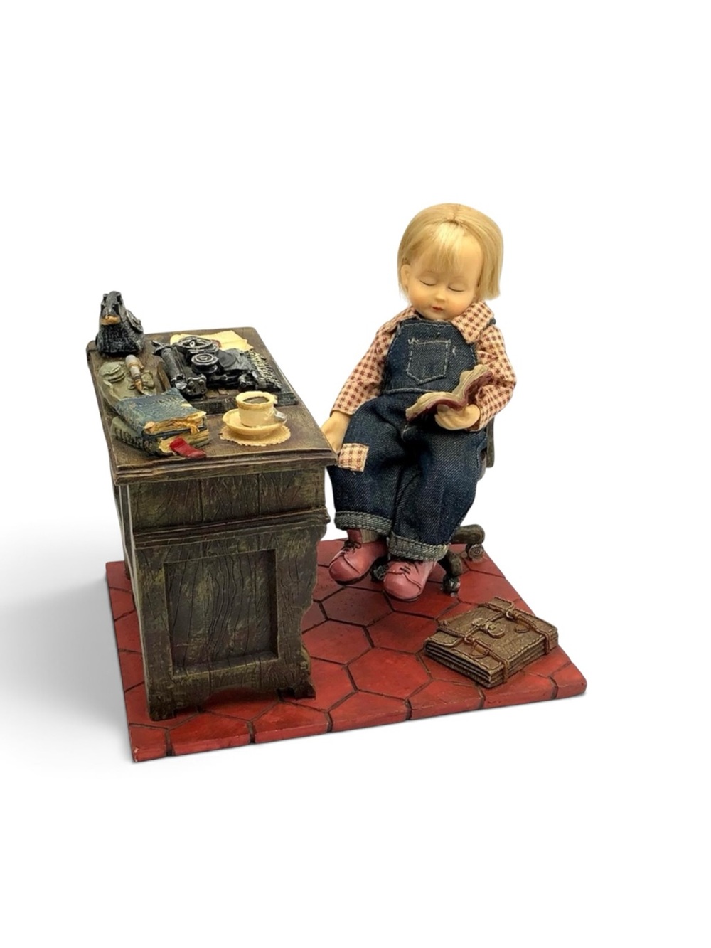 Vintage Desk With Doll Girl Sleeping Reading Book In Chair Sculpture Scene